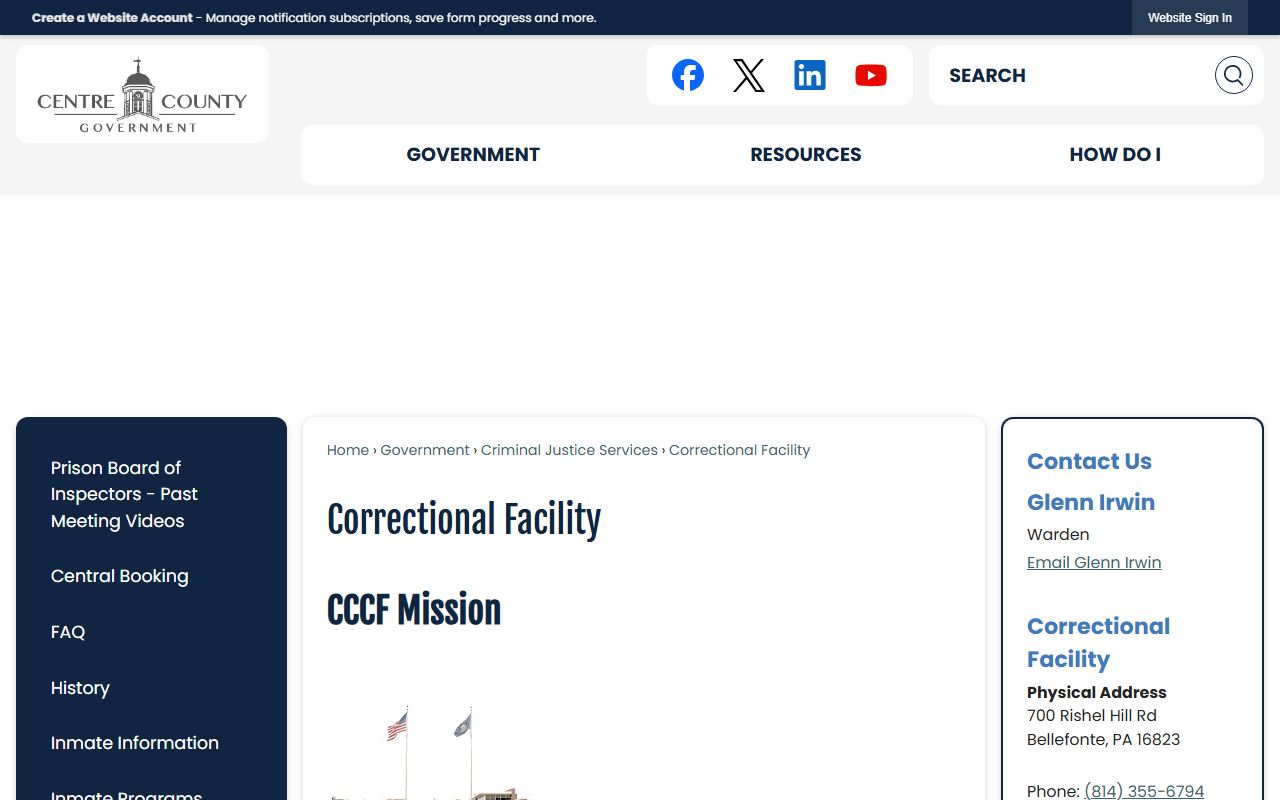 Centre County Correctional Facility page for Potter County contract housing lookup